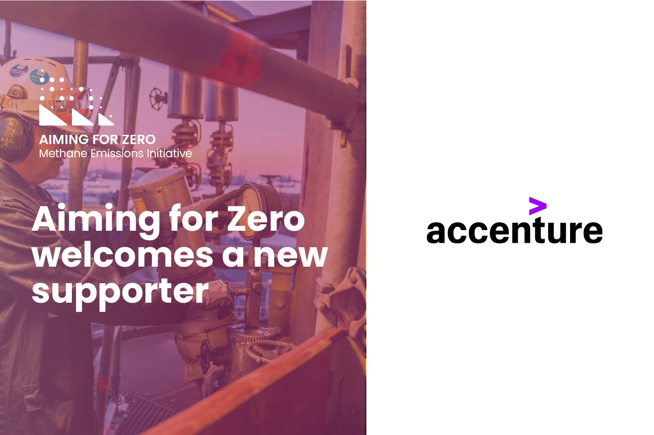 The title of the news article, "Aiming for Zero welcomes a new supporter" overlaid on a picture of a male engineer working at an oil facility, which has a pink overlay on it. The Aiming for Zero logo is in the top left. To the right, on a white background, is the Accenture logo.