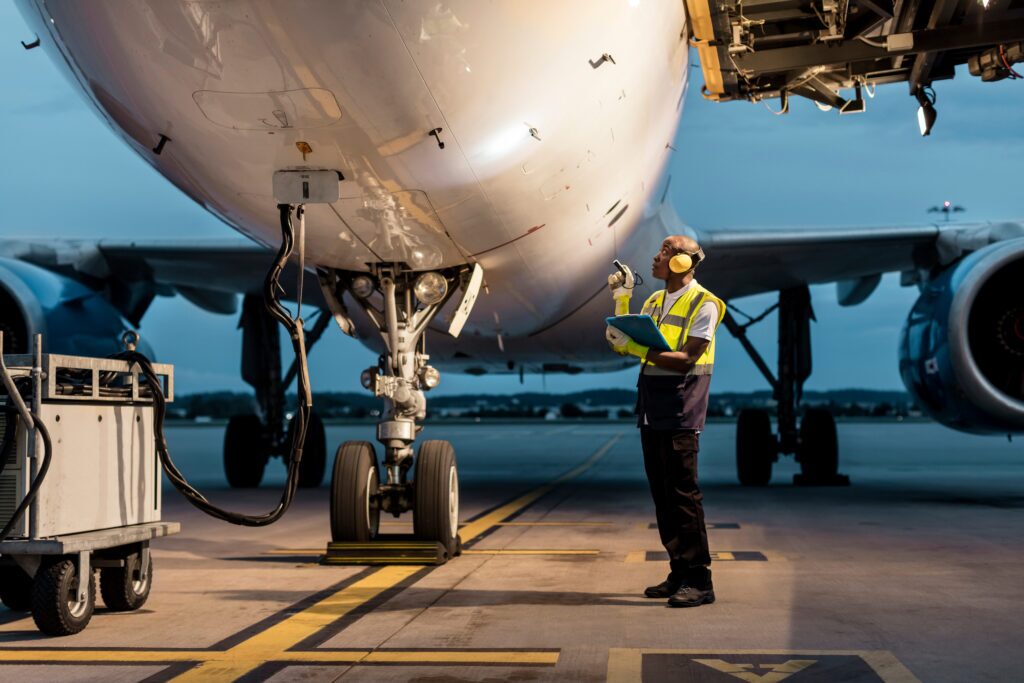 Airport ground crew worker checking airplane on tarmac