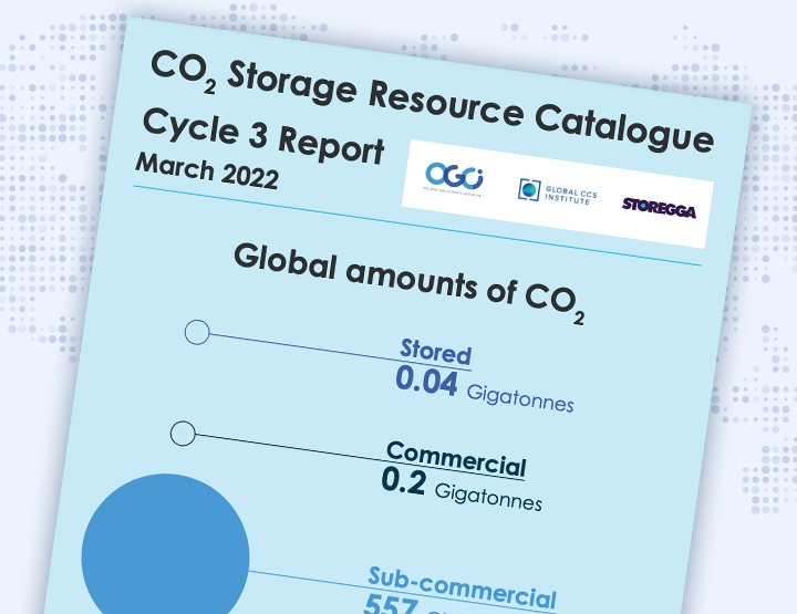 The front cover of CO2 Storage Resource Catalogue Cycle 3 Report March 2022 overlaid on a blue dotty background.