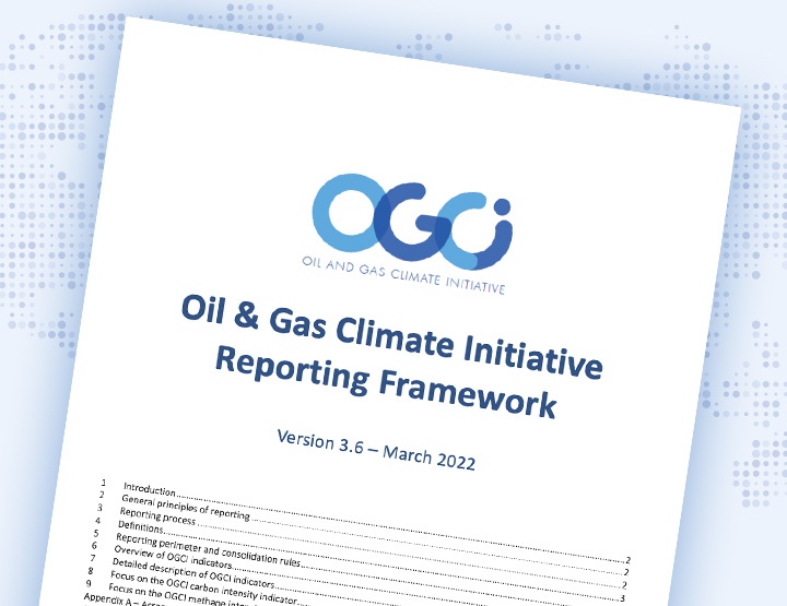 The front cover of the Oil & Gas Climate Initiative Reporting Framework 2022 overlaid on a blue dotty background.
