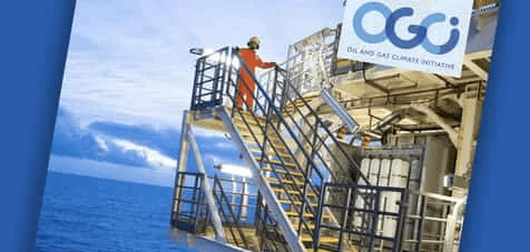 The front cover of the OGCI Annual Report 2017, which pictures an engineer descending the steps of an oil rig.