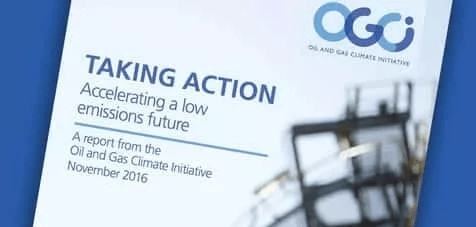 A close up of the OGCI Annual Report 2016 titled 'Taking Action'.