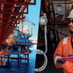 An image which is split in two, with an oil rig to the left hand side and an engineer in orange overalls and a white hard hat, making notes on a clipboard, on the right hand side.