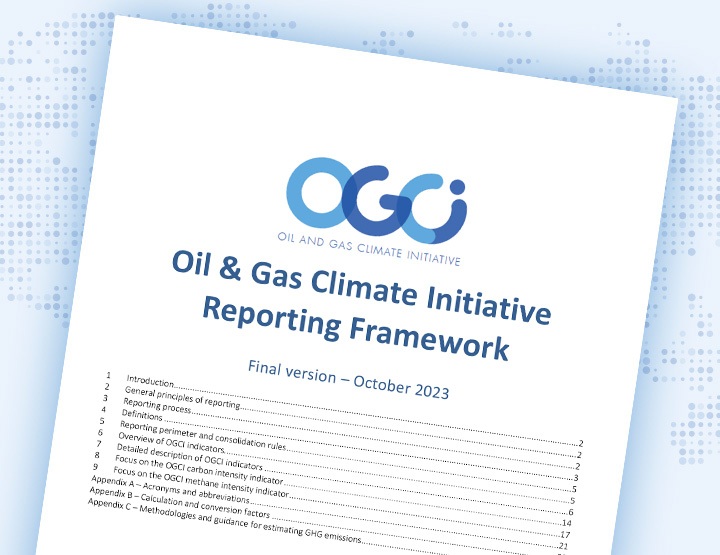 Front cover of the Oil & Gas Climate Initiative Reporting Framework October 2023 on a blue spotted background.