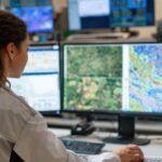 Side view of a geospatial analyst analyzing satellite maps and geographic data sequences in a modern lab environment preparing visual reports for environmental assessments.