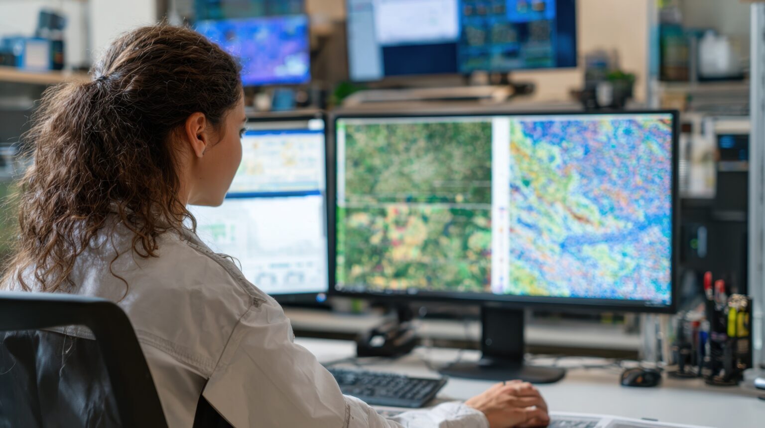 Side view of a geospatial analyst analyzing satellite maps and geographic data sequences in a modern lab environment preparing visual reports for environmental assessments.
