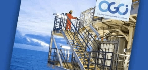 The front cover of the OGCI Annual Report 2017, which pictures an engineer descending the steps of an oil rig.