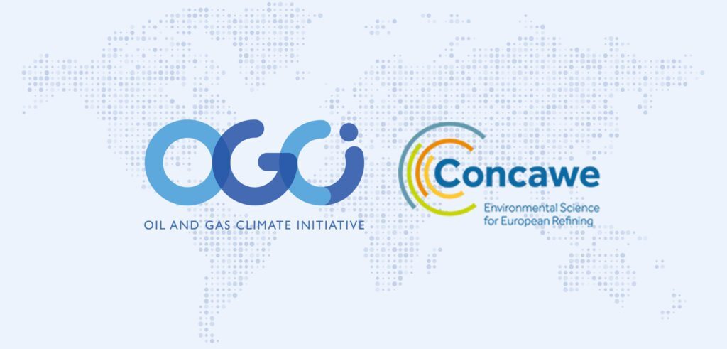 OGCI and Concawe logos overlaid on a blue background with a stylised (dotty) map of the world on it.
