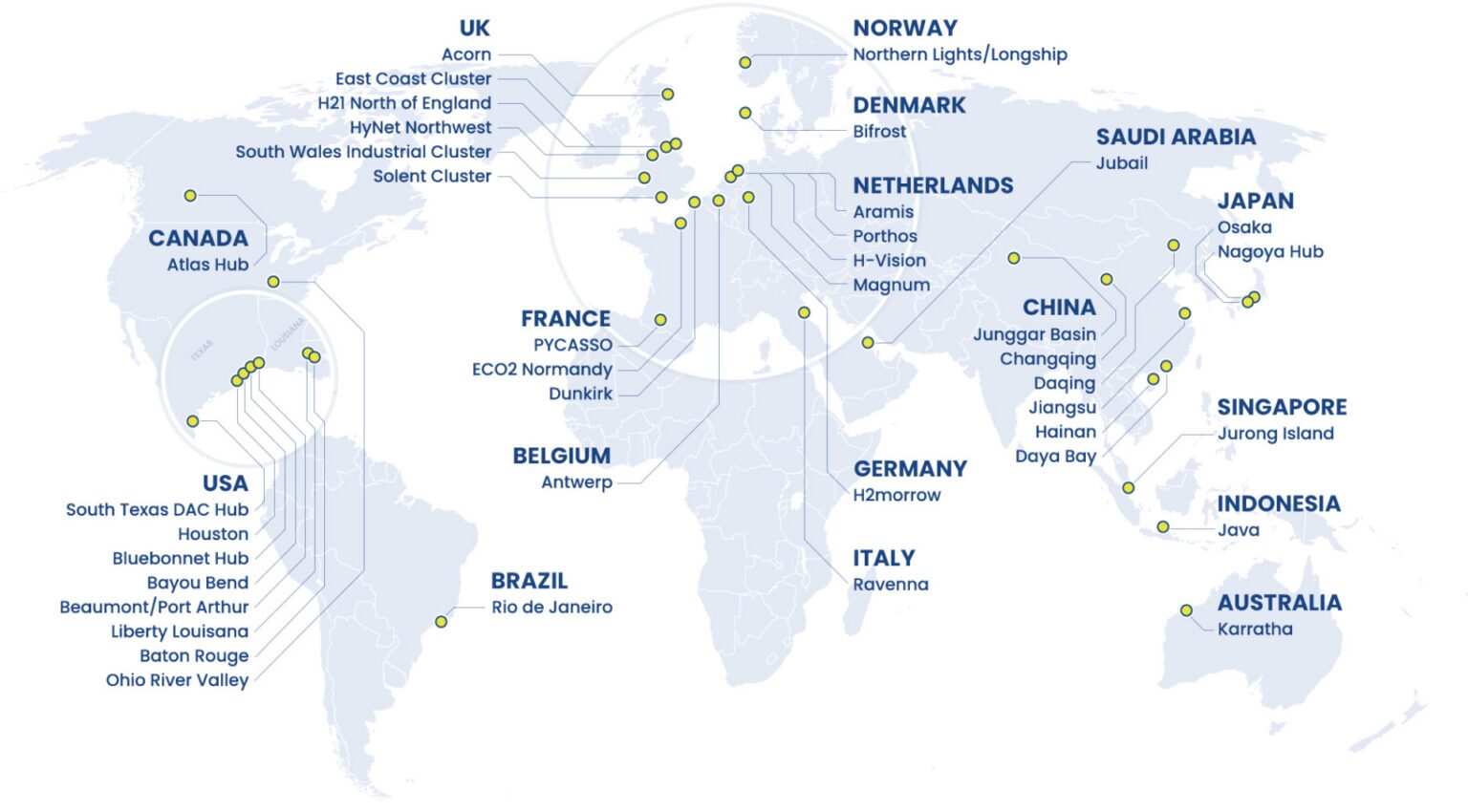 A map of the world showing CCUS hubs with OGCI member company participation.