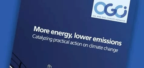 A close up of the OGCI Annual Report 2015, titled 'More energy, lower emissions'.