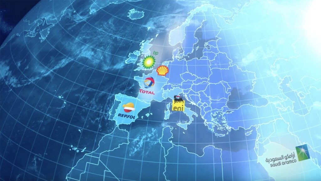 A map of Europe from above with various energy company logos displayed upon it for the OCGI at Work Committed to Climate Change report.