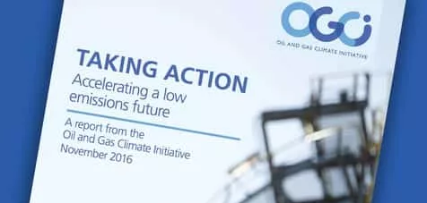 A close up of the OGCI Annual Report 2016 titled 'Taking Action'.