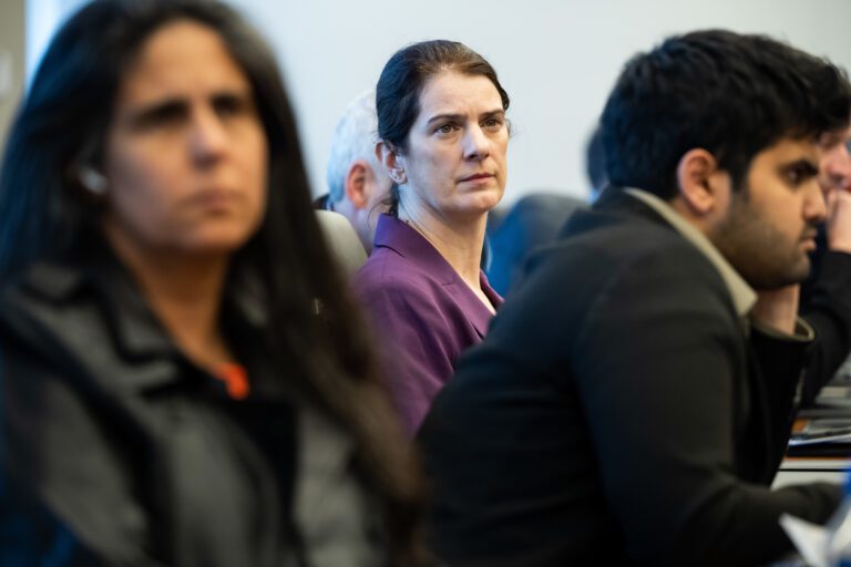 Women watching presentation concentrating seriously.