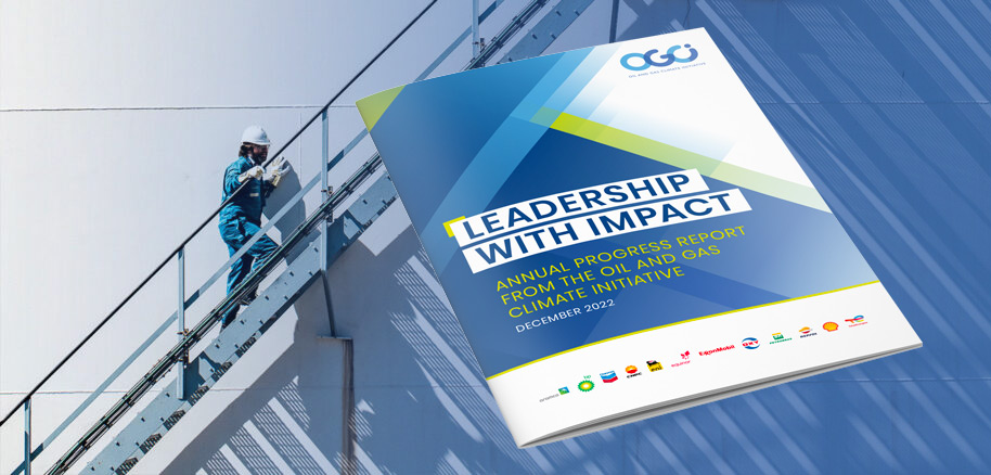 The front cover of the Leadership with Impact annual report, overlaid on an image of an engineer climbing the stairs at an oil field.