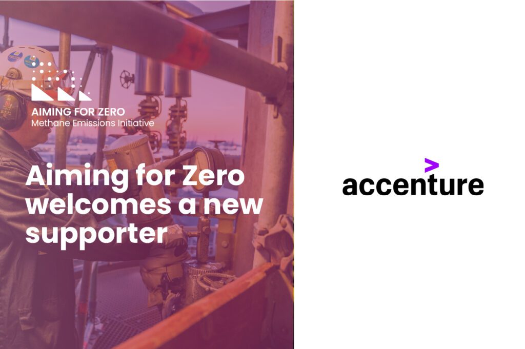 The title of the news article, "Aiming for Zero welcomes a new supporter" overlaid on a picture of a male engineer working at an oil facility, which has a pink overlay on it. The Aiming for Zero logo is in the top left. To the right, on a white background, is the Accenture logo.