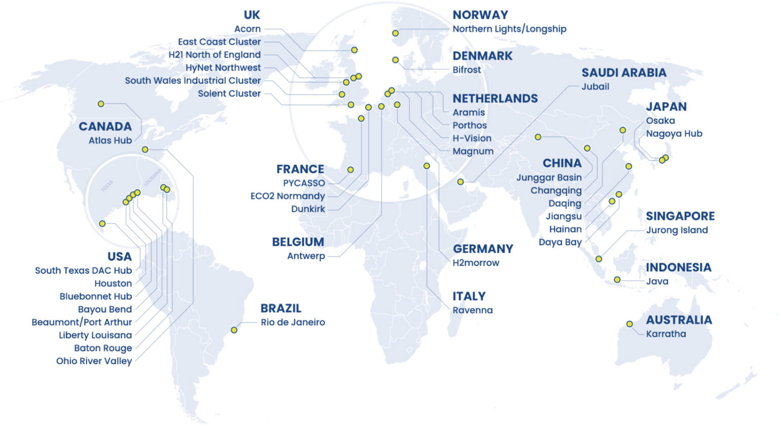 A map of the world showing CCUS hubs with OGCI member company participation.