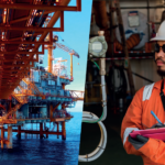 An image which is split in two, with an oil rig to the left hand side and an engineer in orange overalls and a white hard hat, making notes on a clipboard, on the right hand side.