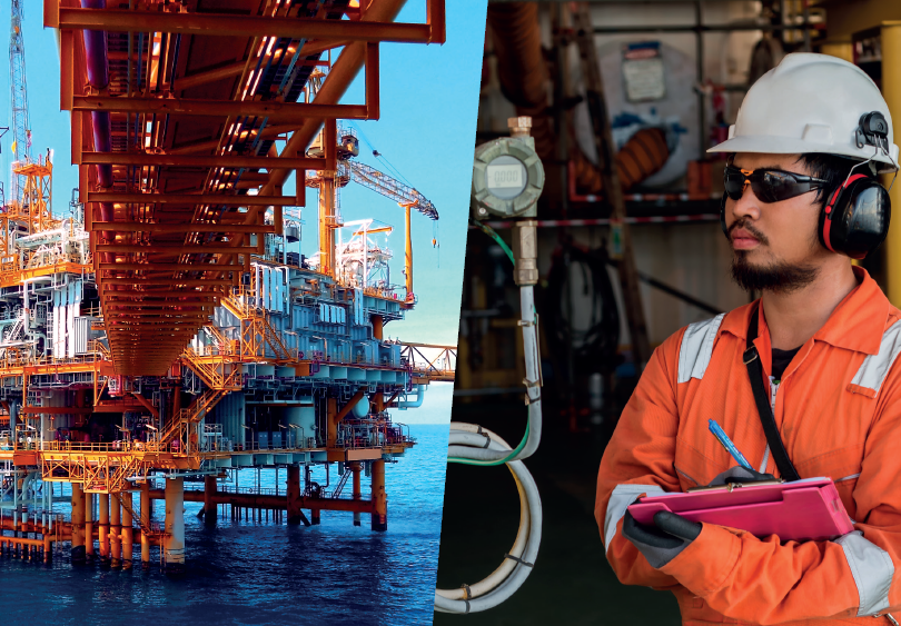 An image which is split in two, with an oil rig to the left hand side and an engineer in orange overalls and a white hard hat, making notes on a clipboard, on the right hand side.