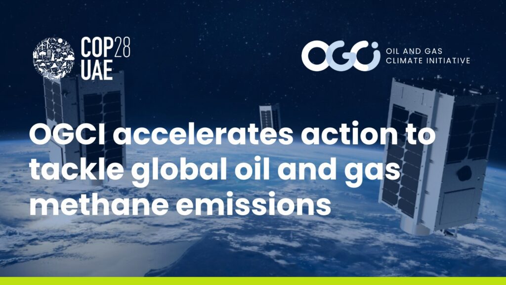 The title of the article, OGCI accelerates action to tackle global oil and gas methane emissions, overlaid on a picture of satellites over the earth. The COP28 UAE logo is in the top left hand corner, and the OGCI logo is in the top right.
