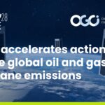 The title of the article, OGCI accelerates action to tackle global oil and gas methane emissions, overlaid on a picture of satellites over the earth. The COP28 UAE logo is in the top left hand corner, and the OGCI logo is in the top right.