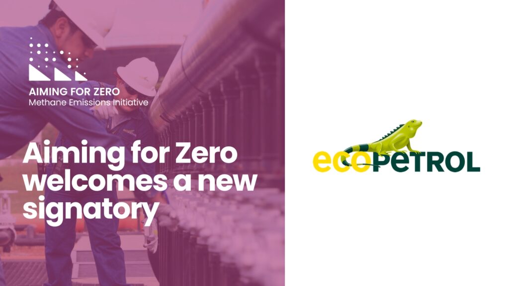 The title of the news article, "Aiming for Zero welcomes a new signatory" overlaid on a picture of two male engineers working at an oil facility, which has a pink overlay on it. The Aiming for Zero logo is in the top left. To the right, on a white background, is the Ecopetrol logo.