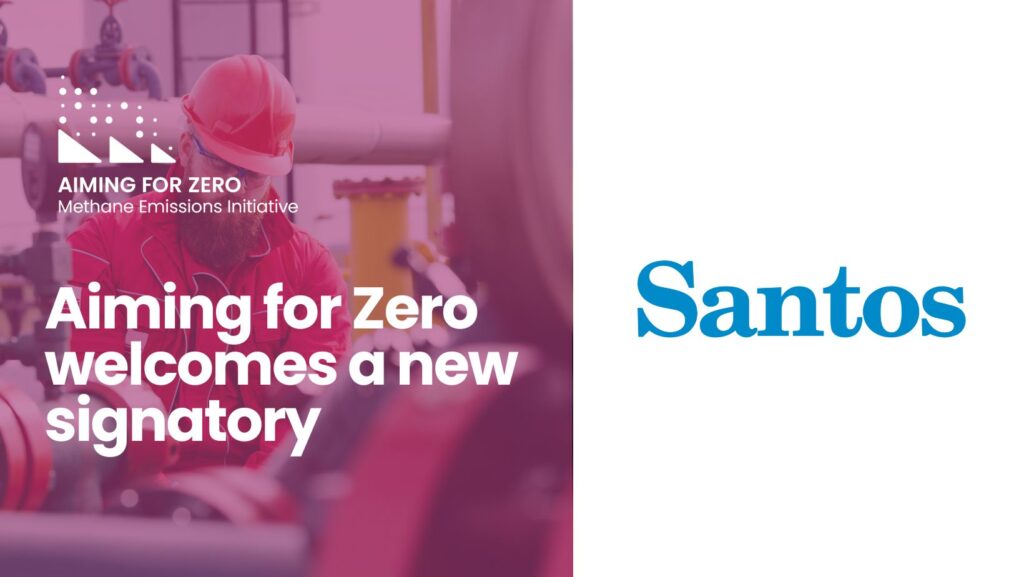 The title of the news article, "Aiming for Zero welcomes a new signatory" overlaid on a picture of a male engineer working at an oil facility, which has a pink overlay on it. The Aiming for Zero logo is in the top left. To the right, on a white background, is the Santos logo.