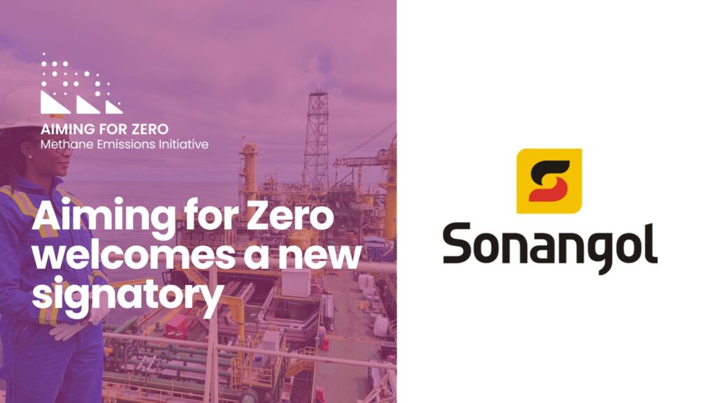 The title of the news article, "Aiming for Zero welcomes a new signatory" overlaid on a picture of a female engineer looking out over an oil rig, which has a pink overlay on it. The Aiming for Zero logo is in the top left. To the right, on a white background, is the Sonangol logo.
