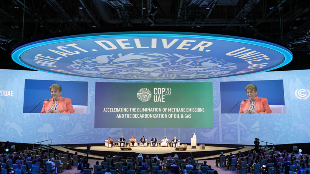Occidental CEO Vicki Hollub speaking at a panel at COP28.